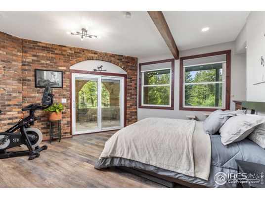 Bedroom, Fitness Equipment, Interior, Recessed Lighting, Stone Walls, Wooden Beams, Wood Texture Flooring
