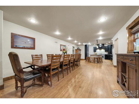 Dining room, Interior, Kitchen, Pendant Lights, Recessed Lighting, Wood Texture Flooring