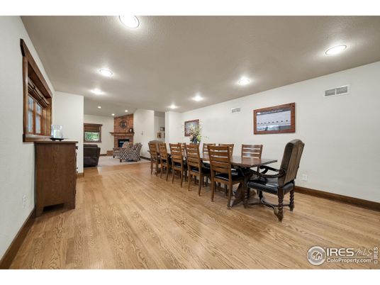 Dining room, Fireplace, Interior, Recessed Lighting, Wood Texture Flooring