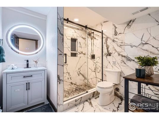 Bathroom, Glass Shower, Interior, Marble, Marble Walls, Recessed Lighting