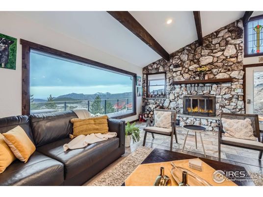 Fireplace, Interior, Living room, Recessed Lighting, Stone Walls, Wooden Beams