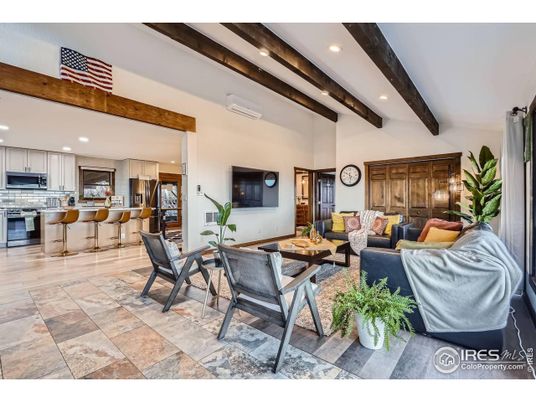 Dining room, Interior, Kitchen, Living room, Recessed Lighting, Stainless Steel Appliances, Wooden Beams