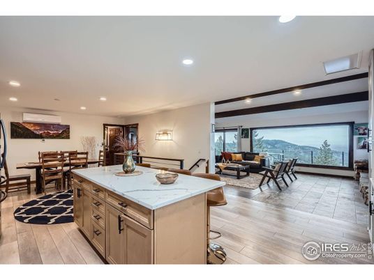 Dining room, Interior, Living room, Recessed Lighting, Wood Texture Flooring
