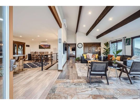 Dining room, Interior, Living room, Recessed Lighting, Wooden Beams, Wood Texture Flooring