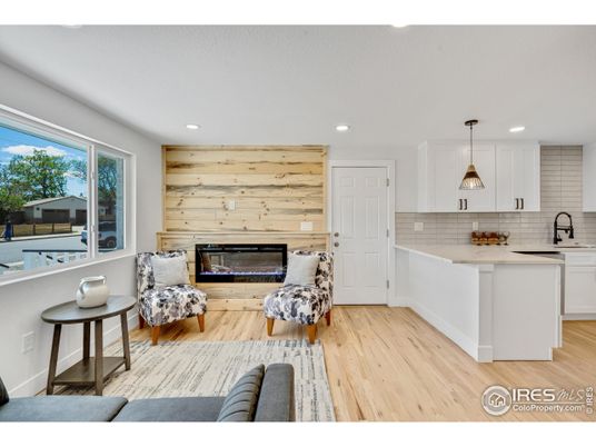 Fireplace, Interior, Kitchen, Living room, Pendant Lights, Recessed Lighting, Wood Texture Flooring, Wooden Walls