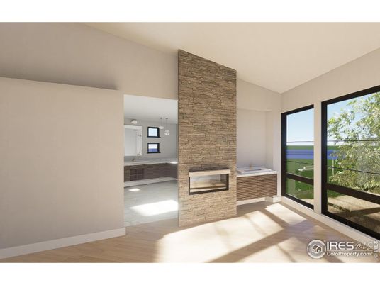 Empty room, Fireplace, Interior, Stone Walls, Water, Wood Texture Flooring