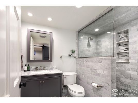 Bathroom, Glass Shower, Interior, Marble Walls, Recessed Lighting