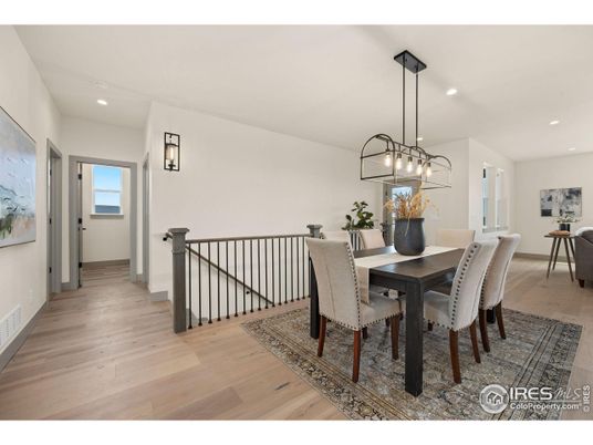 Dining room, Interior, Pendant Lights, Recessed Lighting, Wood Texture Flooring