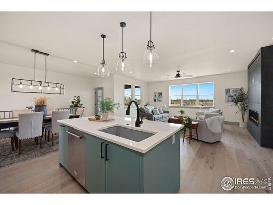 Dining room, Fireplace, Interior, Kitchen, Living room, Pendant Lights, Recessed Lighting, Wood Texture Flooring