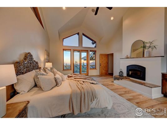 Bedroom, Fireplace, Interior, Recessed Lighting, Wood Texture Flooring