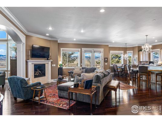 Chandelier, Dining room, Fireplace, Interior, Living room, Recessed Lighting, Wood Texture Flooring