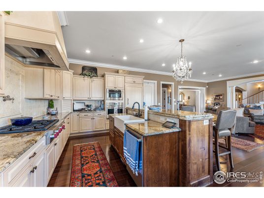 Chandelier, Interior, Kitchen, Recessed Lighting, Stainless Steel Appliances, Wood Texture Flooring
