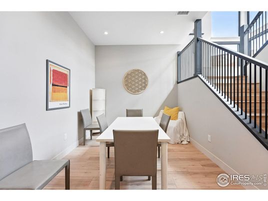Dining room, Interior, Recessed Lighting, Wood Texture Flooring