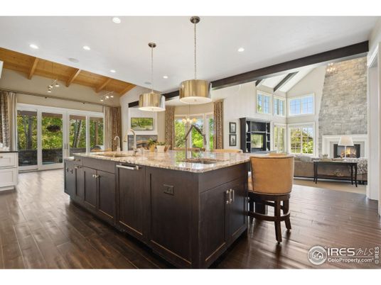 Fireplace, Interior, Kitchen, Pendant Lights, Recessed Lighting, Stone Walls, Wooden Beams, Wooden Ceilings, Wood Texture Flooring