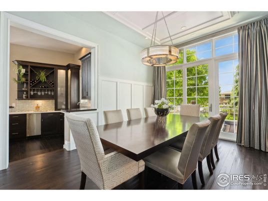 Dining room, Interior, Pendant Lights, Recessed Lighting, Wood Texture Flooring