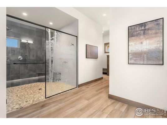 Bathroom, Glass Shower, Interior, Recessed Lighting, Wood Texture Flooring