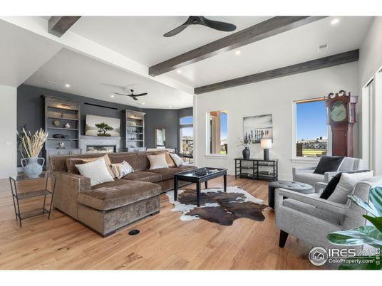 Fireplace, Interior, Living room, Recessed Lighting, Wooden Beams, Wood Texture Flooring