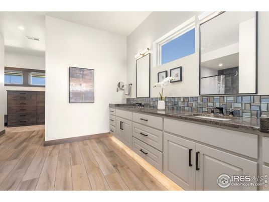 Bathroom, Dual Sink Vanities, Interior, Recessed Lighting, Wood Texture Flooring