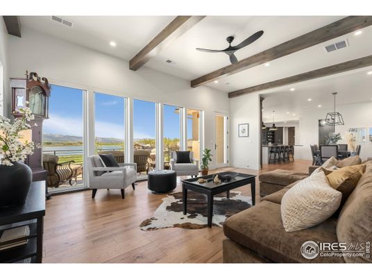 Dining room, Interior, Living room, Pendant Lights, Recessed Lighting, Water, Wooden Beams, Wood Texture Flooring