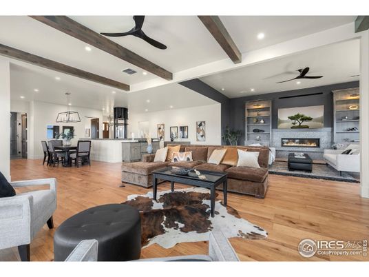 Dining room, Fireplace, Interior, Kitchen, Living room, Pendant Lights, Recessed Lighting, Wooden Beams, Wood Texture Flooring