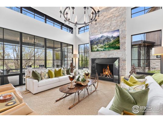 Chandelier, Fireplace, Interior, Living room, Stone Walls
