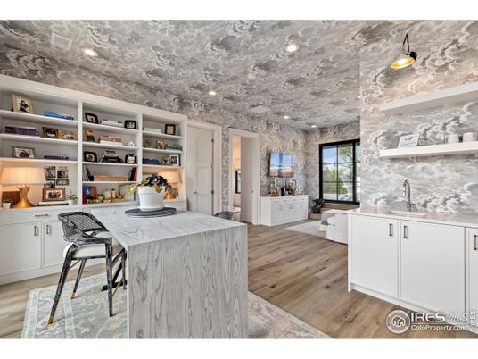 Home Office, Interior, Marble Walls, Recessed Lighting, Wood Texture Flooring