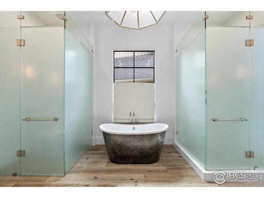 Bathroom, Free Standing Baths, Glass Shower, Interior, Wood Texture Flooring