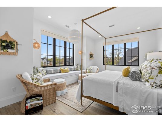 Bedroom, Chandelier, Interior, Recessed Lighting, Wood Texture Flooring