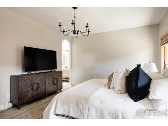 Bedroom, Chandelier, Interior, Wood Texture Flooring