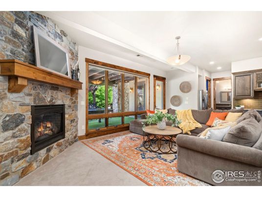 Fireplace, Interior, Living room, Pendant Lights, Recessed Lighting, Stone Walls