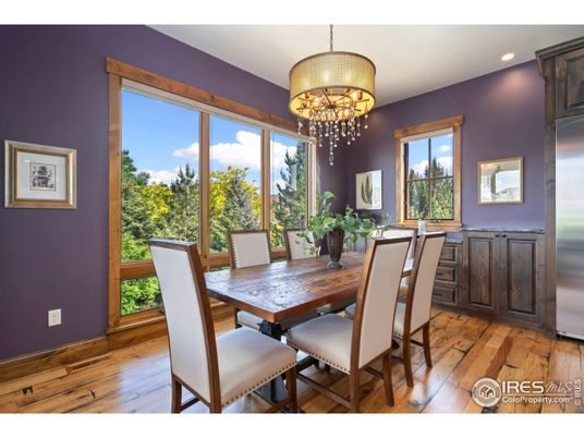Chandelier, Dining room, Interior, Recessed Lighting, Wood Texture Flooring