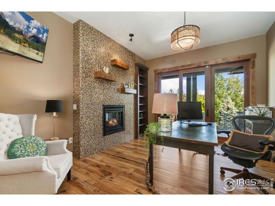 Fireplace, Home Office, Interior, Pendant Lights, Wood Texture Flooring