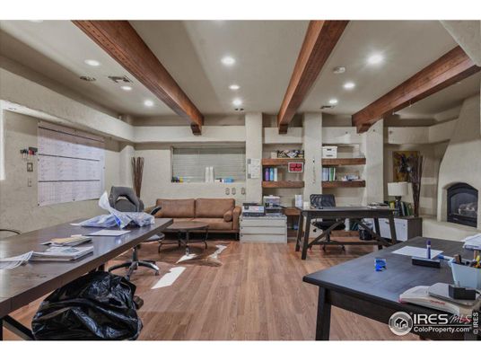 Fireplace, Home Office, Interior, Recessed Lighting, Wooden Beams, Wood Texture Flooring