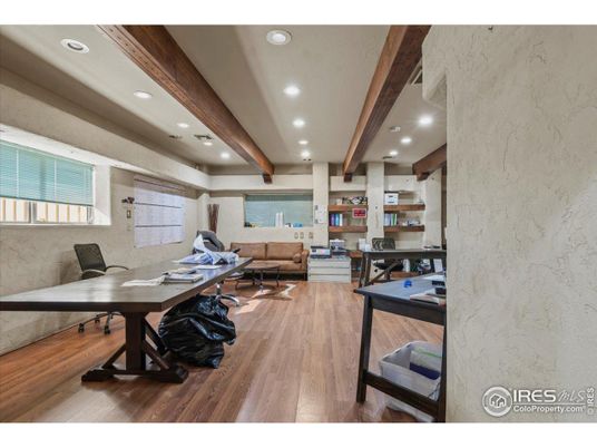 Home Office, Interior, Recessed Lighting, Wooden Beams, Wood Texture Flooring
