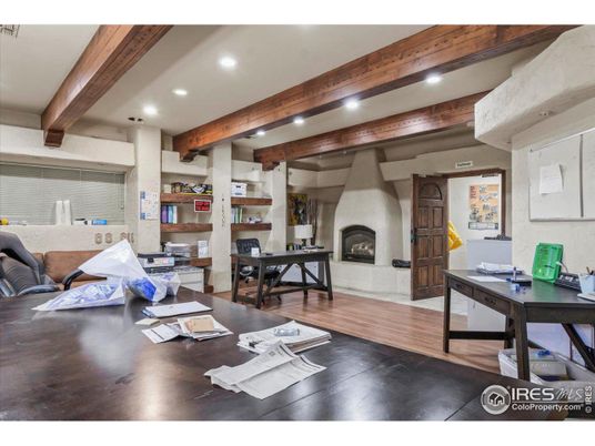 Fireplace, Home Office, Interior, Recessed Lighting, Wooden Beams, Wood Texture Flooring