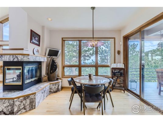Dining room, Fireplace, Interior, Pendant Lights, Recessed Lighting, Wood Texture Flooring