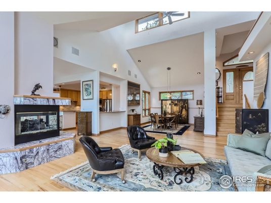 Dining room, Fireplace, Interior, Living room, Pendant Lights, Recessed Lighting, Wood Texture Flooring