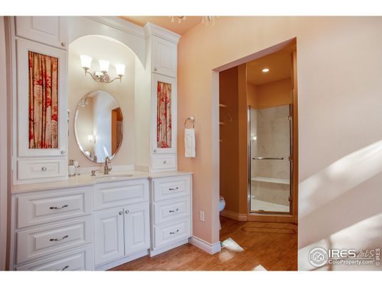 Bathroom, Glass Shower, Interior, Recessed Lighting, Wood Texture Flooring