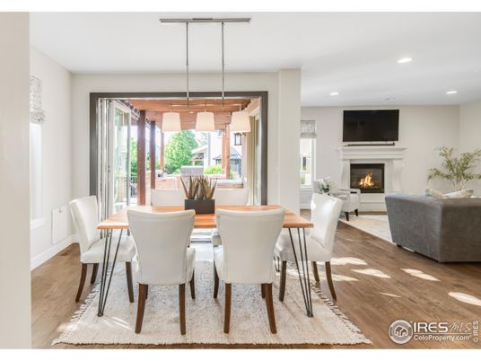 Dining room, Fireplace, Interior, Living room, Pendant Lights, Recessed Lighting, Wood Texture Flooring