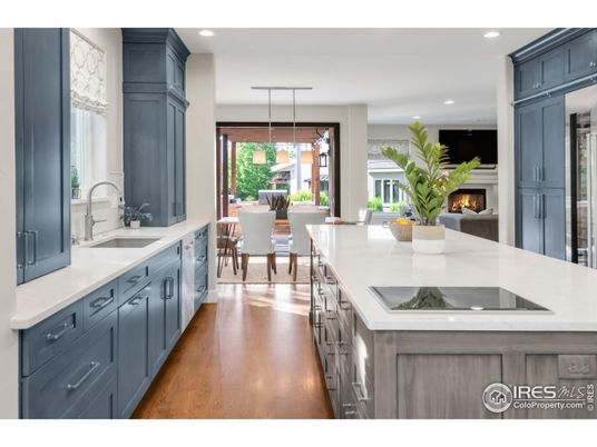 Dining room, Fireplace, Interior, Kitchen, Pendant Lights, Recessed Lighting, Wood Texture Flooring