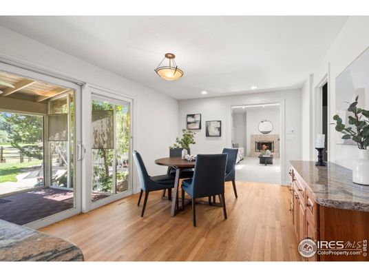 Dining room, Fireplace, Interior, Recessed Lighting, Wood Texture Flooring