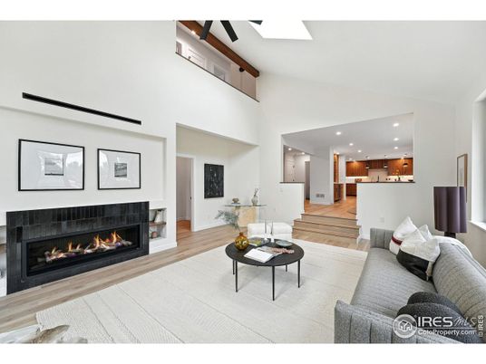 Fireplace, Interior, Kitchen, Living room, Recessed Lighting, Wood Texture Flooring