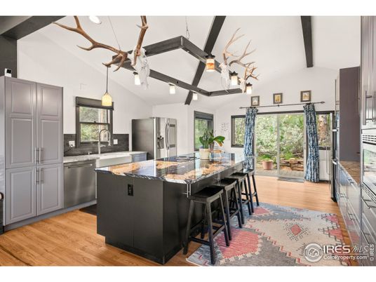 Interior, Kitchen, Pendant Lights, Stainless Steel Appliances, Wooden Beams, Wood Texture Flooring