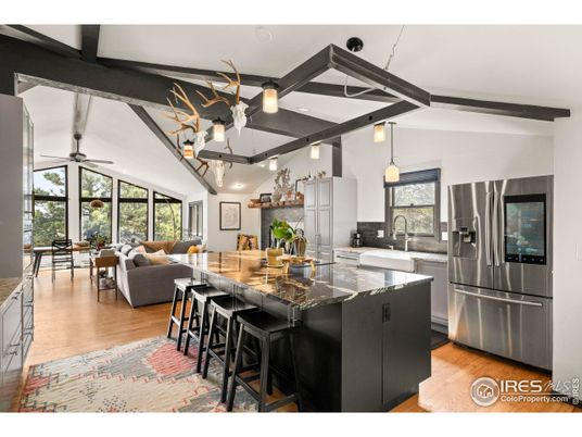 Dining room, Interior, Kitchen, Living room, Pendant Lights, Stainless Steel Appliances, Wood Texture Flooring