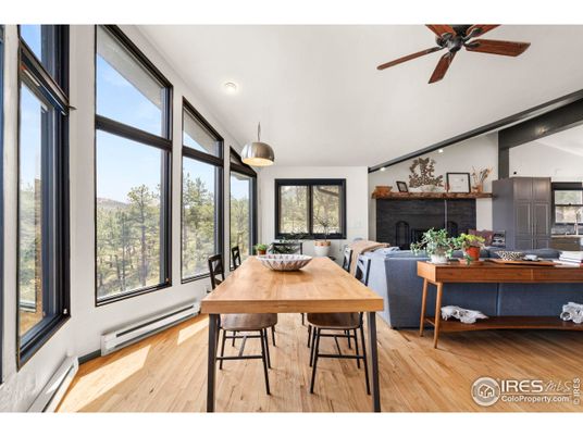 Dining room, Fireplace, Interior, Pendant Lights, Recessed Lighting, Wood Texture Flooring