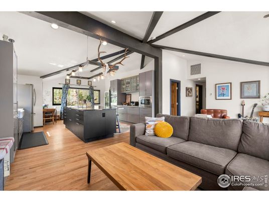 Interior, Kitchen, Living room, Pendant Lights, Recessed Lighting, Wooden Beams, Wood Texture Flooring