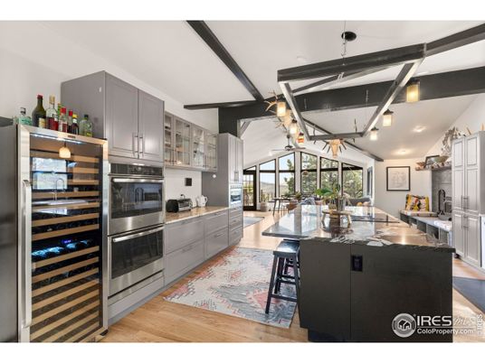 Dining room, Interior, Kitchen, Pendant Lights, Stainless Steel Appliances, Wooden Beams, Wood Texture Flooring
