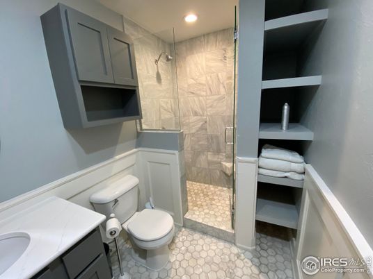 Bathroom, Glass Shower, Interior, Marble Walls, Recessed Lighting