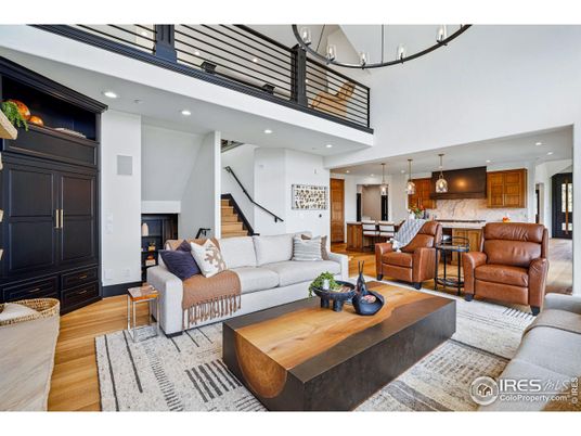 Fireplace, Interior, Kitchen, Living room, Pendant Lights, Recessed Lighting, Wood Texture Flooring