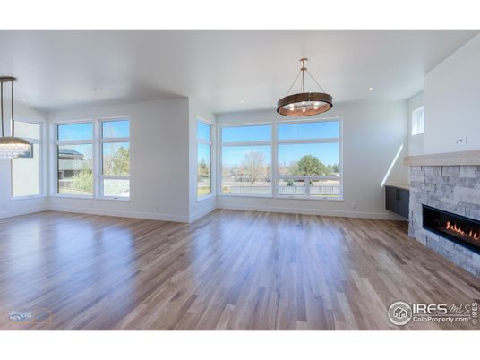 Empty room, Fireplace, Interior, Pendant Lights, Recessed Lighting, Wood Texture Flooring